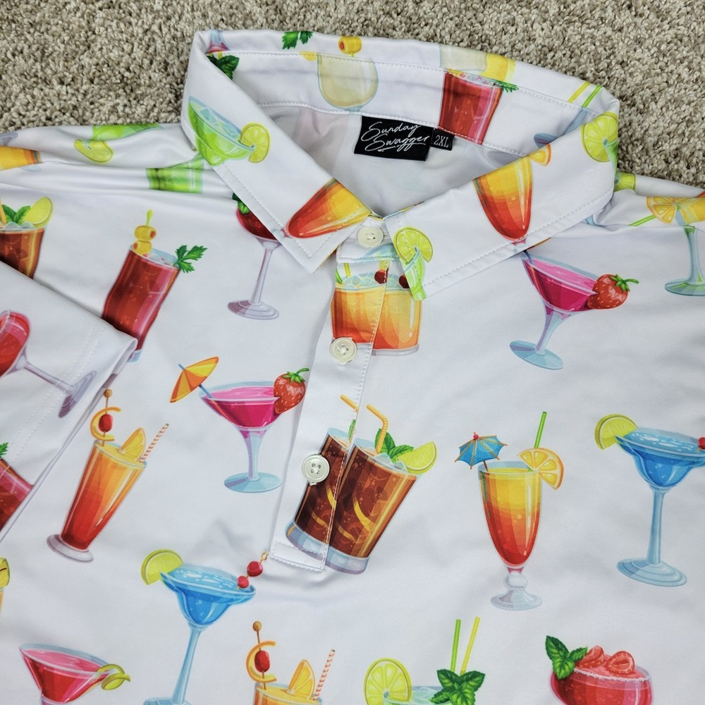 Sunday Swagger Mens 2XL White AOP Cocktails Performance Stretch Golf Polo SS
